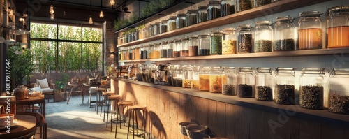 A boutique herbal tea shop with walls lined with jars of loose-leaf teas, a brewing bar, and a quiet seating area for tastings