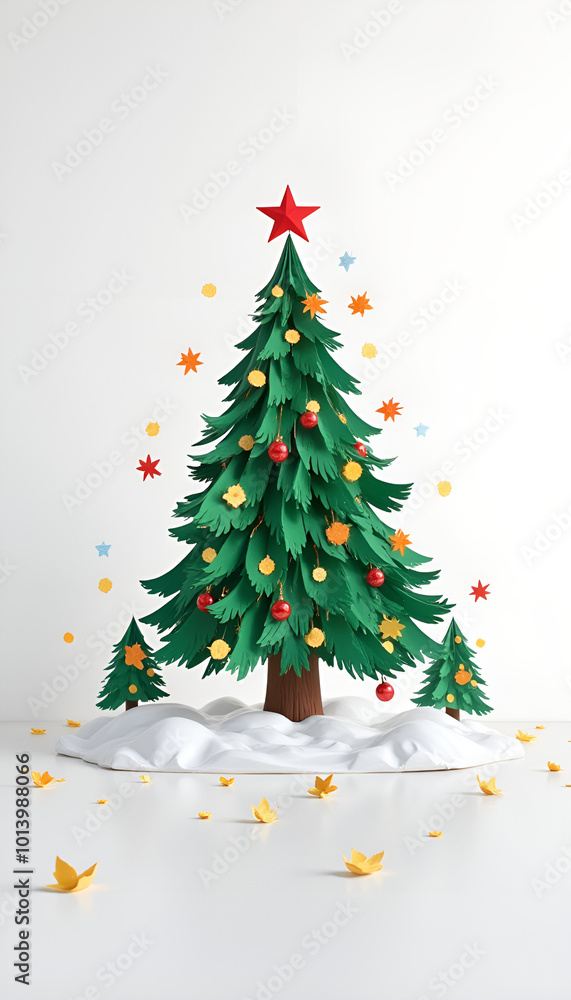 Creative paper-crafted Christmas tree decorated with ornaments and surrounded by colorful leaves Creative paper-crafted Christmas tree decorated with ornaments and surrounded by colorful leaves
