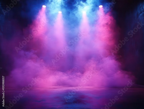 dramatic stage backdrop illuminated by blue and purple spotlight enveloped in smoke creating an atmospheric setting for a captivating performance inviting anticipation and excitement