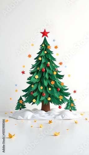 Creative paper-crafted Christmas tree decorated with ornaments and surrounded by colorful leaves photo