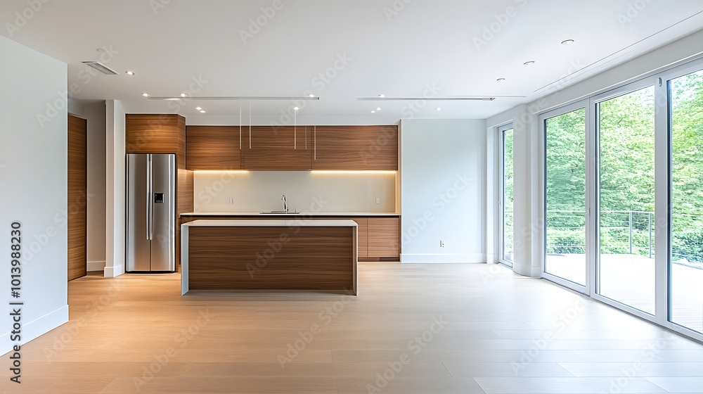 Fototapeta premium Modern home kitchen interior with a bar counter, fridge, and window, showcasing a clean design