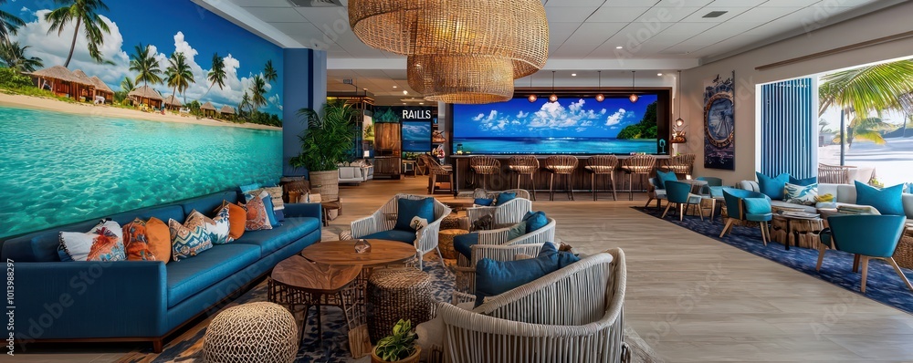 Fototapeta premium A boutique travel agency designed like a travelera??s lounge with destination-inspired decor, comfy seating, and large, inspiring travel photos