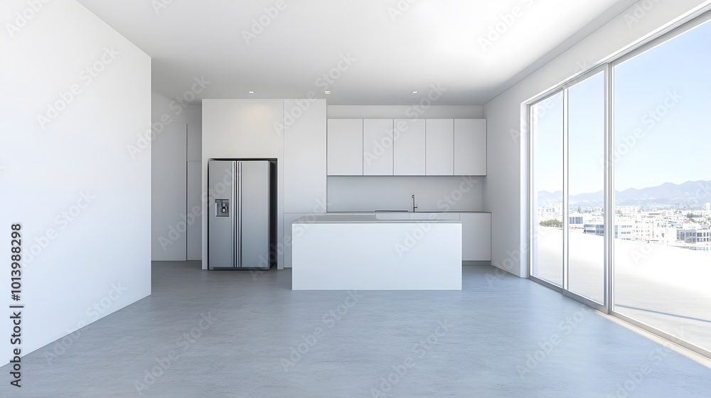 Fototapeta premium Modern home kitchen interior with a bar counter, fridge, and window, showcasing a clean design
