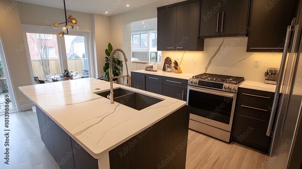 Modern home kitchen interior with a bar counter, fridge, and window, showcasing a clean design Modern home kitchen interior with a bar counter, fridge, and window, showcasing a clean design