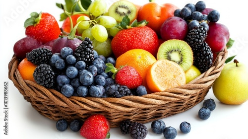 A wicker basket overflowing with a variety of fresh fruits, including strawberries, blueberries, blackberries, grapes, kiwi, oranges, apples, and plums.