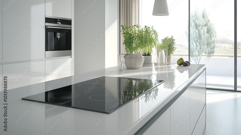 Modern home kitchen interior with a bar counter, fridge, and window, showcasing a clean design Modern home kitchen interior with a bar counter, fridge, and window, showcasing a clean design