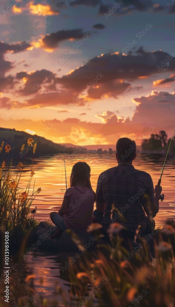 Father and Daughter Fishing at Dusk: Tranquil Riverbank Sunset for Peaceful Moments Father and Daughter Fishing at Dusk: Tranquil Riverbank Sunset for Peaceful Moments