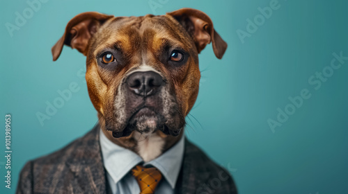 Dog Businessman in Suit Posing on Blue Background