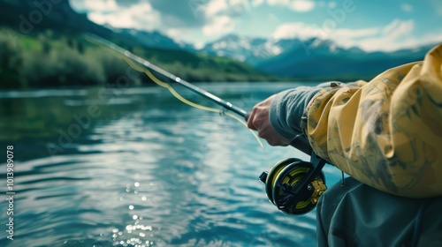 Dynamic Angler's Technique: Fishing Scene at Serene Lake with Mountain Backdrop photo