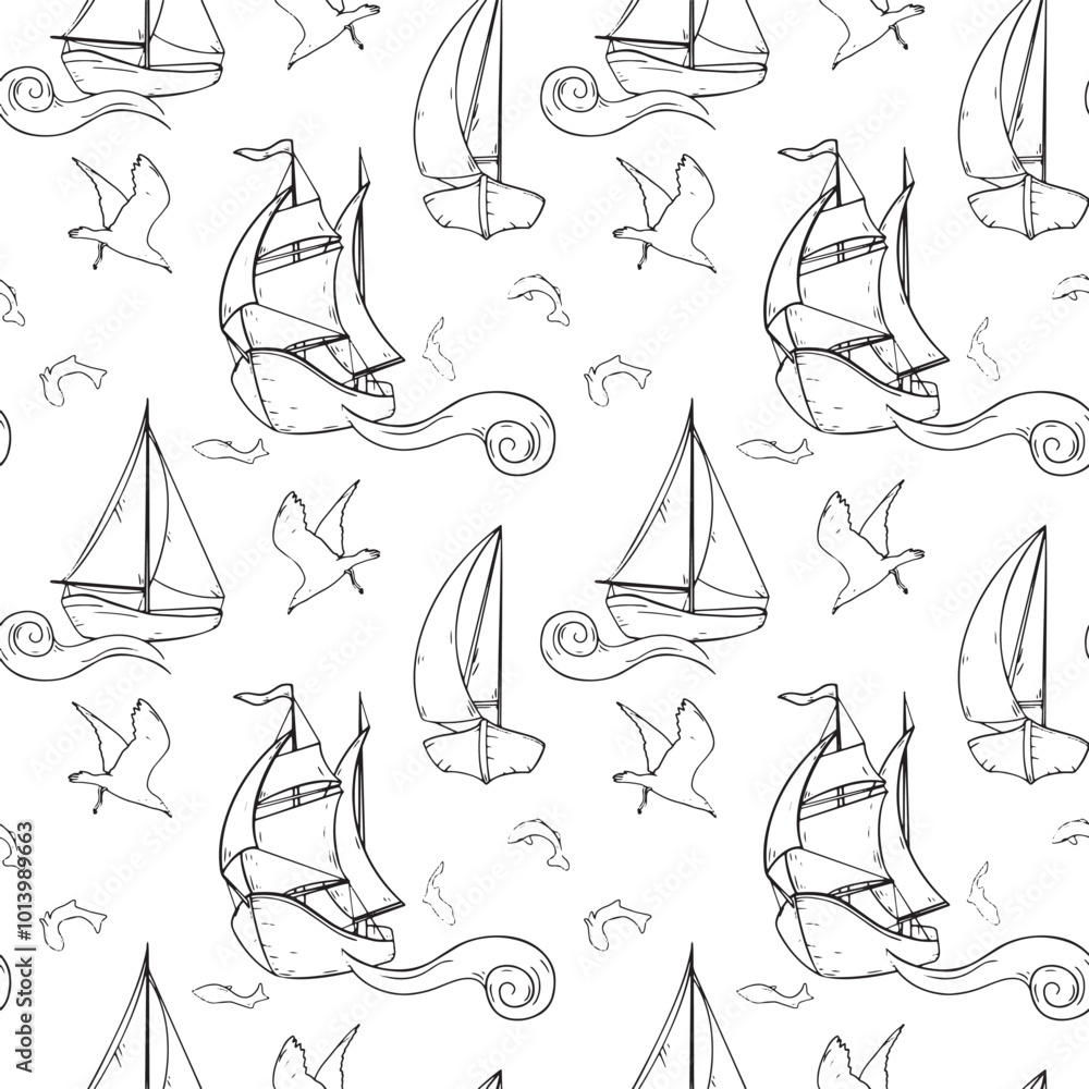 Ships sailing boat yacht vector graphic seamless pattern. Various water transport on repeating texture of curly waves black and white outline. Sailing ships birds fish endless monochrome background Ships sailing boat yacht vector graphic seamless pattern. Various water transport on repeating texture of curly waves black and white outline. Sailing ships birds fish endless monochrome background