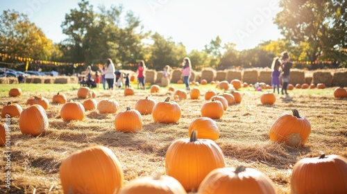 Pumpkin patch during harvest season, bright midday sun shining, hay bales, families in the background picking pumpkins for Halloween