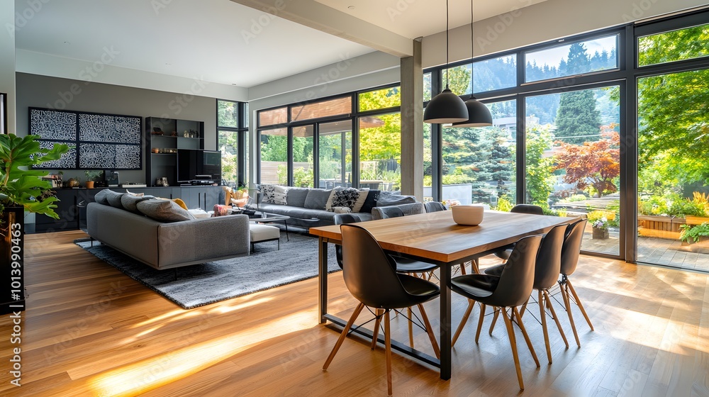 Modern home living room with an eating table and couch, complemented by a panoramic window Modern home living room with an eating table and couch, complemented by a panoramic window
