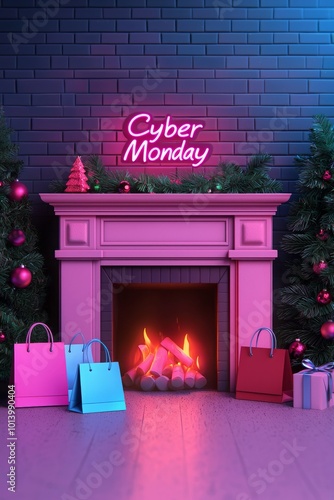 Cozy fireplace with Cyber Monday sign, decorated for holiday shopping. photo