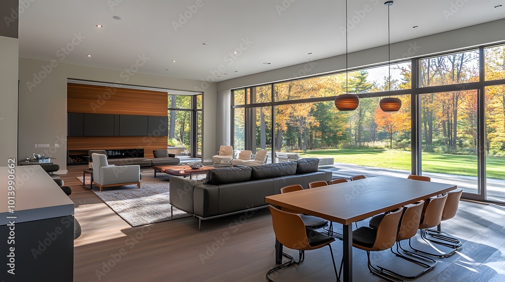 Modern home living room with an eating table and couch, complemented by a panoramic window Modern home living room with an eating table and couch, complemented by a panoramic window