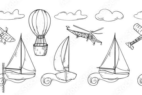 Sailing ship, air balloon, airplane black and white vector graphic seamless border. Monochrome boat, aircraft, vessel, aerostat repeating board hand drawn. Endless silhouette transport for boy.