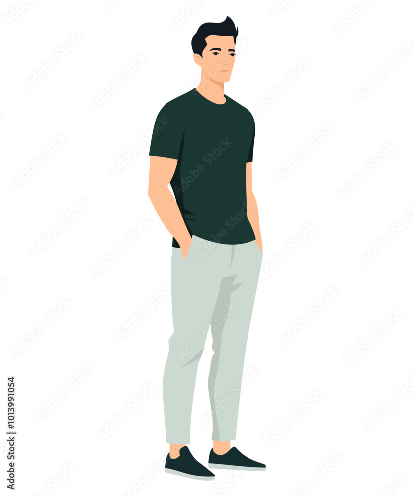 Fototapeta premium Stylish man in fashionable clothes on a white background. Vector illustration in flat style