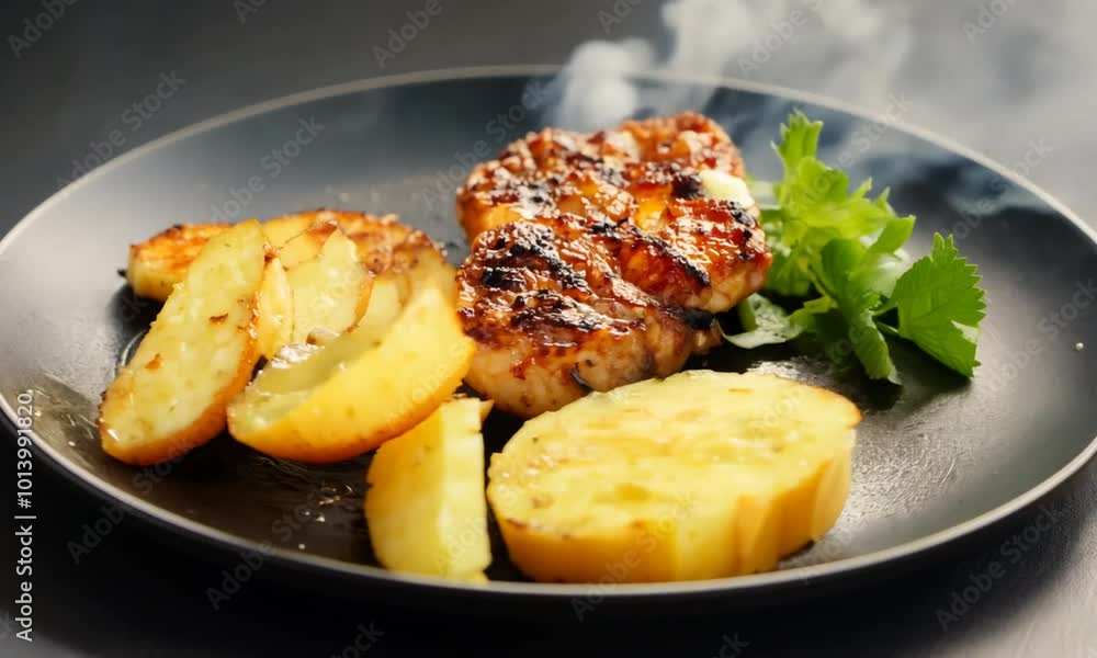 A grilled chicken breast with potato wedges on a black plate
A grilled chicken breast with potato wedges on a black plate