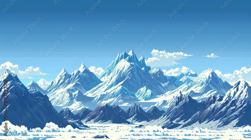 Obraz premium Pixel Art Mountain Range with Snowy Peaks Under Clear Blue Sky for Outdoor Adventure Marketing