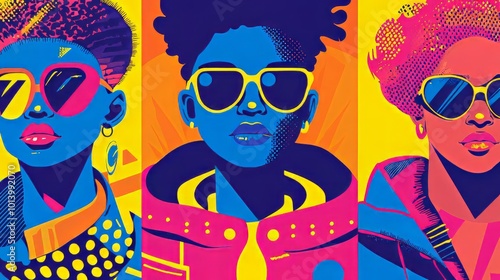 Bold, neon-colored portraits of stylish individuals wearing sunglasses, featuring vibrant blue, pink, and yellow hues. Perfect for pop culture designs. AI generative.