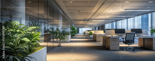 A contemporary office space with automated, energy-efficient lighting that senses occupancy and adjusts brightness accordingly, promoting sustainability photo