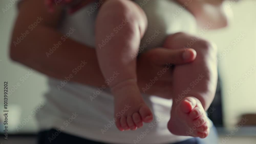Close-up of baby’s feet being held, toes slightly curled, with a soft focus, emphasizing the delicate and tiny features of infant feet in a moment of parental care Close-up of baby’s feet being held, toes slightly curled, with a soft focus, emphasizing the delicate and tiny features of infant feet in a moment of parental care