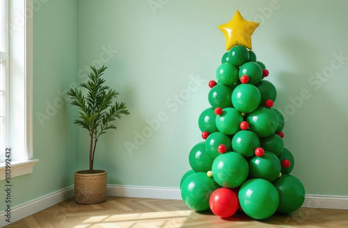 A creative Christmas tree made from green and red balloons, topped with a yellow star, stands in a minimalist room next to a potted plant. Concept of modern and playful holiday decor, DIY. photo