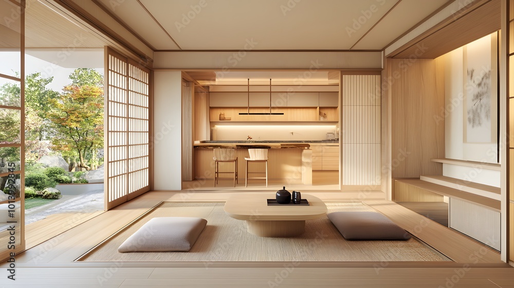 Fototapeta premium Modern Japanese minimalist interior showcasing a sleek kitchen and living room