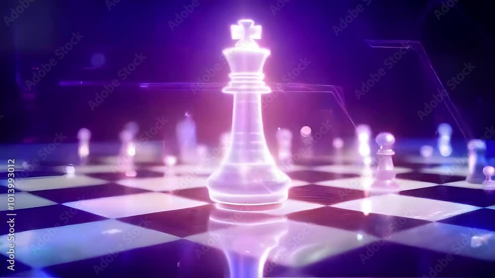 A high-tech AI-powered chessboard with glowing pieces moving autonomously in a strategic game simulation A high-tech AI-powered chessboard with glowing pieces moving autonomously in a strategic game simulation