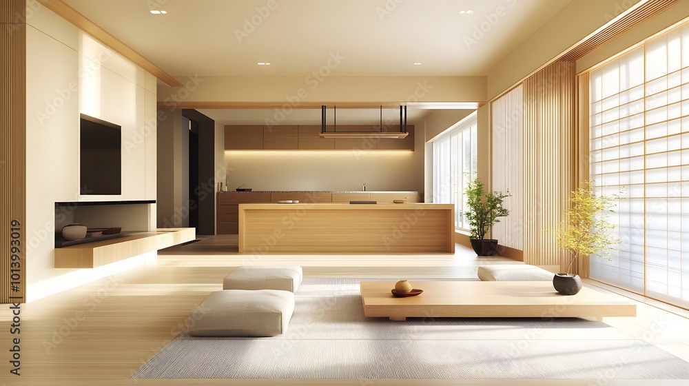 Fototapeta premium Modern Japanese minimalist interior showcasing a sleek kitchen and living room