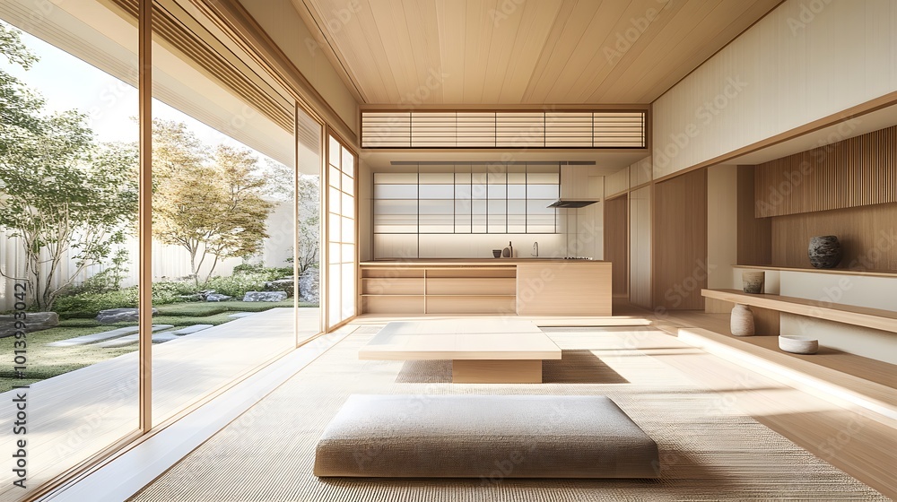 Fototapeta premium Modern Japanese minimalist interior showcasing a sleek kitchen and living room