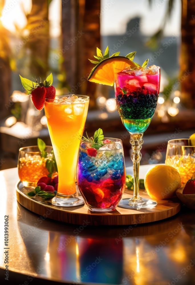 vibrant cocktail glasses decorated fresh fruits herbs garnishing colorful refreshing beverage presentation, drink, glassware, refreshment, lime, lemon vibrant cocktail glasses decorated fresh fruits herbs garnishing colorful refreshing beverage presentation, drink, glassware, refreshment, lime, lemon