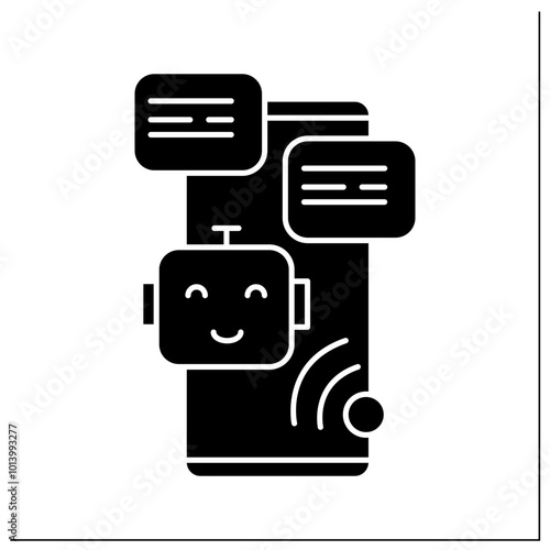 Voice to text glyph icon. Smartphone, robot, audio and message bubble. Concept of mobile chat and online speech conversion service.Filled flat sign. Isolated silhouette vector illustration