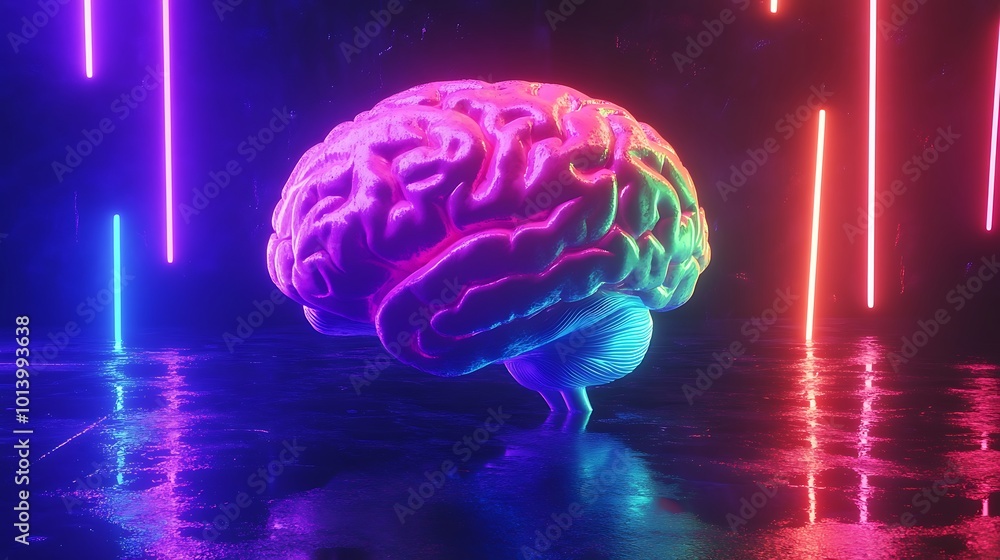 Neon brain hologram radiating futuristic glowing energy image Neon brain hologram radiating futuristic glowing energy image