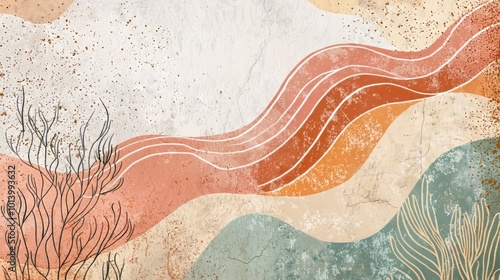 Earthy abstract composition with flowing lines, organic shapes, and subtle textures in warm terracotta and sage tones. Ideal for natural-themed decor. AI generative.