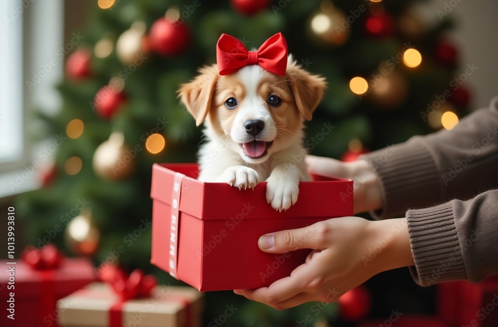 Hands Holding Gift, In Gift Box Puppy Christmas Tree New Year Background Christmas Christmas. High quality photo Hands Holding Gift, In Gift Box Puppy Christmas Tree New Year Background Christmas Christmas. High quality photo