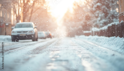 Winter scene of a snow-covered street at sunrise with cars parked along the road, snowflakes gently falling, and soft sunlight creating a peaceful, quiet atmosphere with ample copy space.