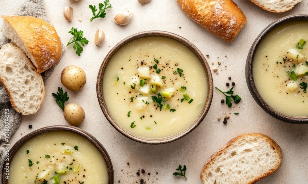 Bowls of potato leek soup and bread on beige background from above Bowls of potato leek soup and bread on beige background from above