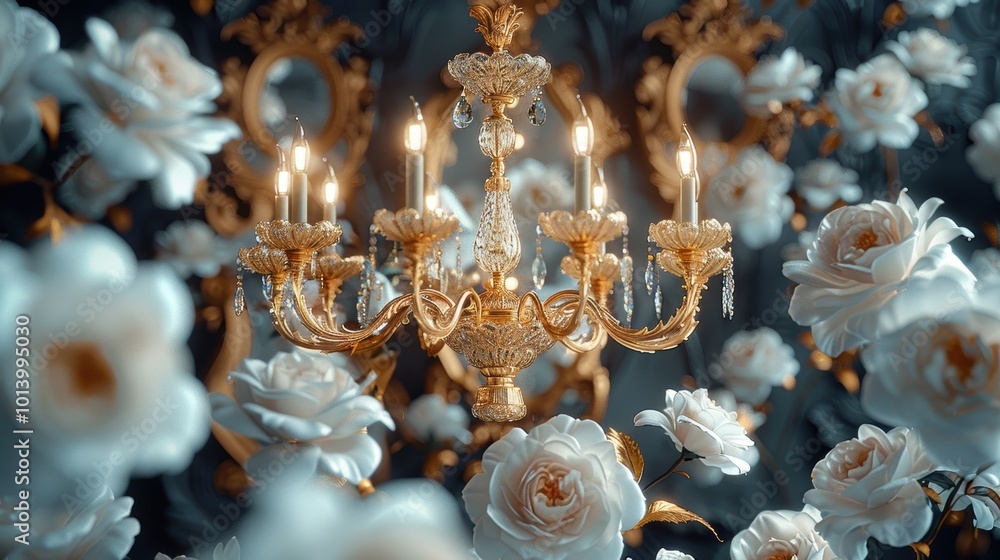 Obraz premium Nostalgic Reflection, a lavish rococo room adorned with a vintage chandelier, golden mirrors, and misty black and white roses, exuding an enchanting bioluminescent glow.