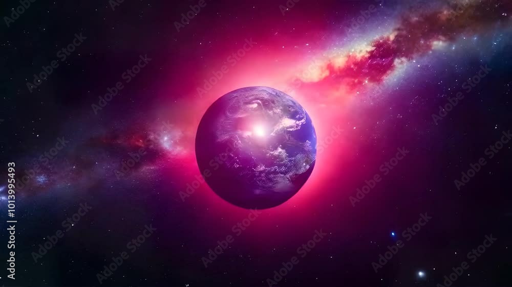 Earth centered in a vast, star-filled galaxy, earth rotating slowly Earth centered in a vast, star-filled galaxy, earth rotating slowly
