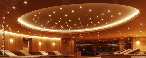 A high-end spa with ceiling recessed lights that emit a gentle, calming glow, perfectly synchronized with the spaa??s serene music to enhance relaxation photo