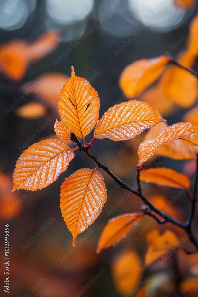 A leafy branch with a few leaves on it. The leaves are orange and have a frosty look to them A leafy branch with a few leaves on it. The leaves are orange and have a frosty look to them