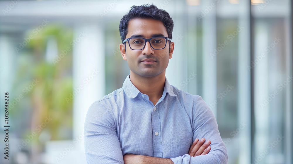 Headshot of skilled hindu male employee standing with arms crossed in modern office, successful confident mixed-race man wearing eyeglasses and smart casual, business portrait of i Headshot of skilled hindu male employee standing with arms crossed in modern office, successful confident mixed-race man wearing eyeglasses and smart casual, business portrait of i