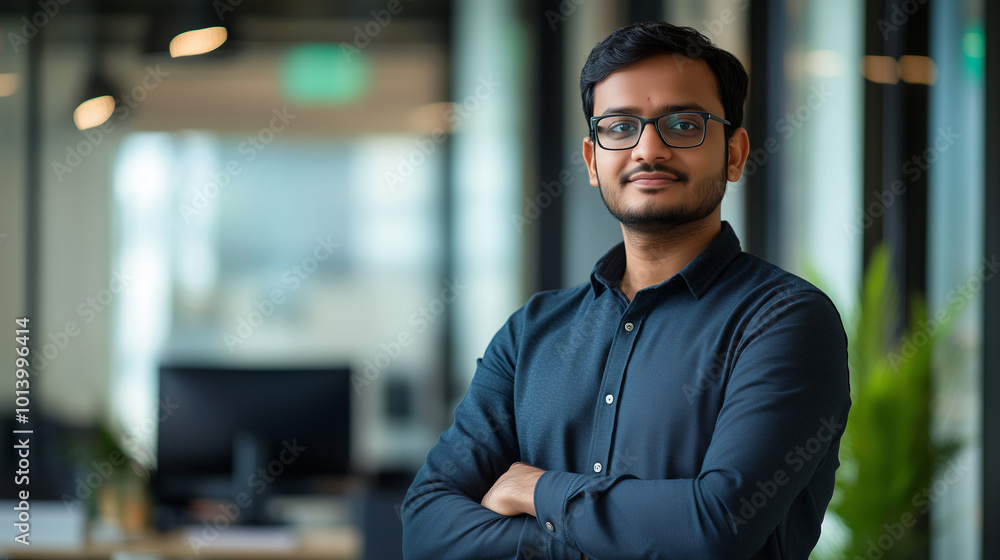 Fototapeta premium Headshot of skilled hindu male employee standing with arms crossed in modern office, successful confident mixed-race man wearing eyeglasses and smart casual, business portrait of i
