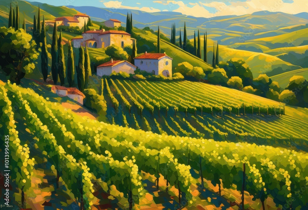 Naklejka premium spectacular vineyard landscape featuring lush greenery abundant vibrant grape clusters under clear skies, grapes, agriculture, harvest, fruit, wine, fields