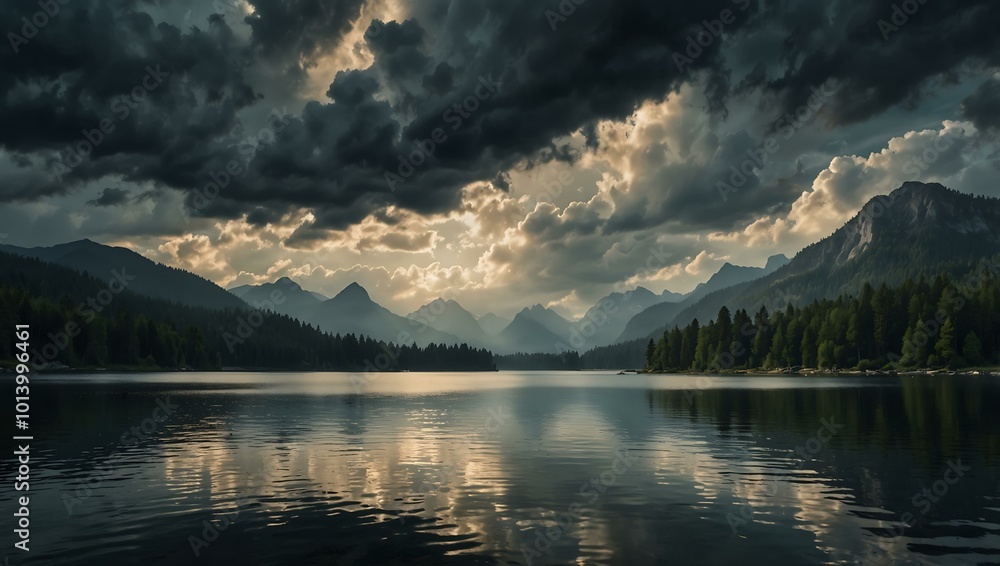 A breathtaking mountainous landscape features a serene lake under a dramatic sky. A breathtaking mountainous landscape features a serene lake under a dramatic sky.