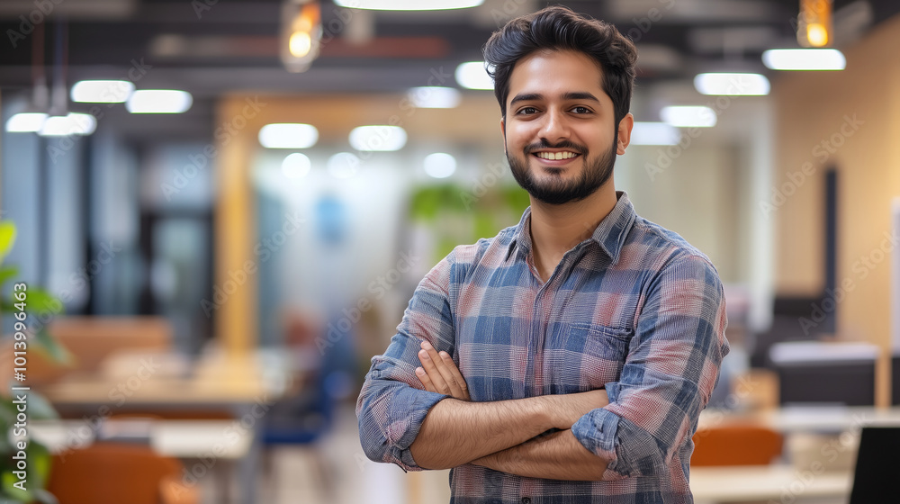 Handsome indian male office employee standing with his arms crossed, looking at the camera and laughs. Portrait of cheerful young man wearing smart casual shirt in modern coworking Handsome indian male office employee standing with his arms crossed, looking at the camera and laughs. Portrait of cheerful young man wearing smart casual shirt in modern coworking