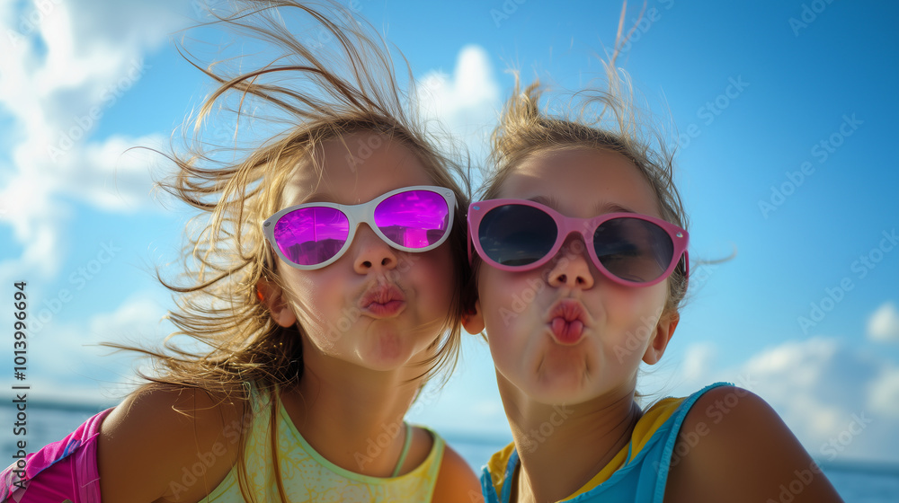 Cute sisters in sunglasses making a funny face on the sea breeze. Cute sisters in sunglasses making a funny face on the sea breeze.