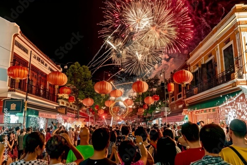 Vibrant fireworks and firecrackers illuminate the night sky during lunar new year celebrations