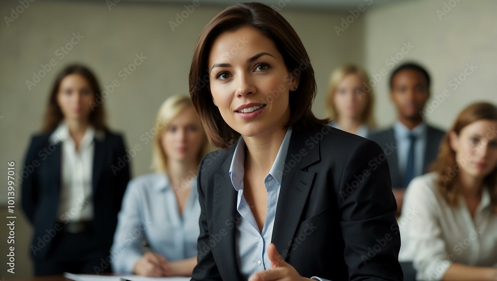 A businesswoman addresses colleagues, exuding professionalism and leadership. A businesswoman addresses colleagues, exuding professionalism and leadership.
