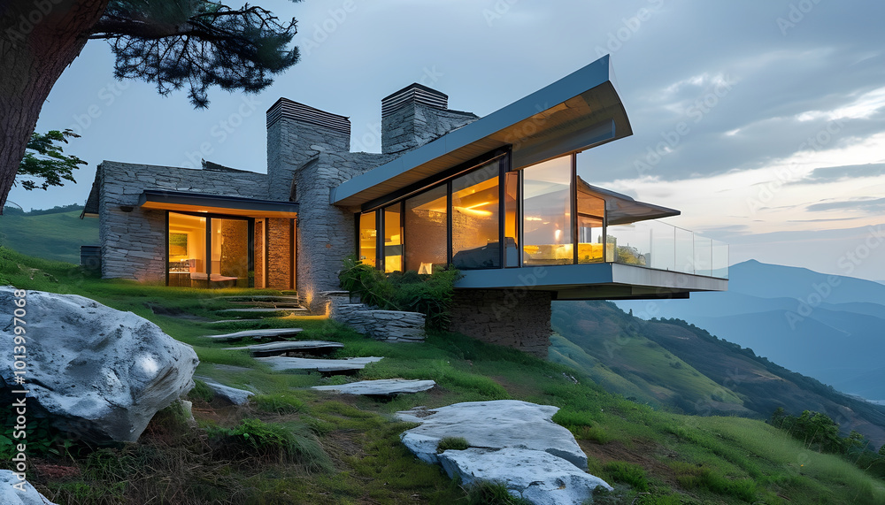 Modern hillside home with large windows overlooking mountain valley Modern hillside home with large windows overlooking mountain valley